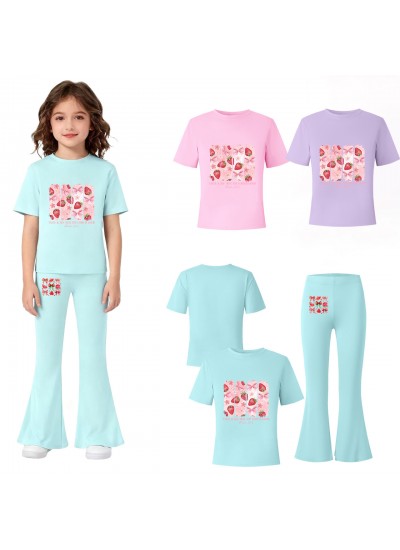 Gold Thread Summer Short Sleeve T-Shirt And Flare Pants 2-Piece Cotton Blend Kids  Pajama Set