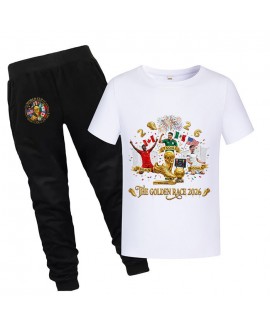 Gold Thread Summer Kids "The Golden Race 2026" Cotton Short Sleeve T-Shirt And Pants World Cup Soccer Pajama Set 100-170cm
