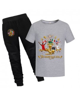 Gold Thread Summer Kids "The Golden Race 2026" Cotton Short Sleeve T-Shirt And Pants World Cup Soccer Pajama Set 100-170cm