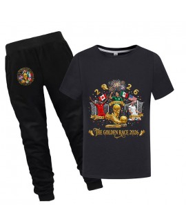 Gold Thread Summer Kids "The Golden Race 2026" Cotton Short Sleeve T-Shirt And Pants World Cup Soccer Pajama Set 100-170cm
