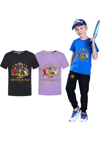 Gold Thread Summer Kids "The Golden Race 2026" Cotton Short Sleeve T-Shirt And Pants World Cup Soccer Pajama Set 100-170cm