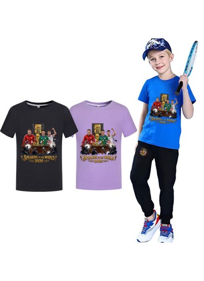Gold Thread Summer Kids “Speaking To The World 2026” Cotton Short Sleeve T-Shirt And Pants World Cup Soccer Pajama Set