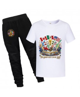 Gold Thread Summer Kids "Show Must Go On 2026" Cotton Short Sleeve T-Shirt and Pants 2-Piece Anti-Odor World Cup Soccer Pjs 100-170cm Pajama Set