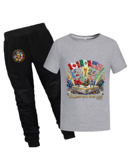 Gold Thread Summer Kids "Show Must Go On 2026" Cotton Short Sleeve T-Shirt and Pants 2-Piece Anti-Odor World Cup Soccer Pjs 100-170cm Pajama Set