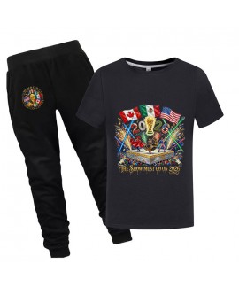 Gold Thread Summer Kids "Show Must Go On 2026" Cotton Short Sleeve T-Shirt and Pants 2-Piece Anti-Odor World Cup Soccer Pjs 100-170cm Pajama Set