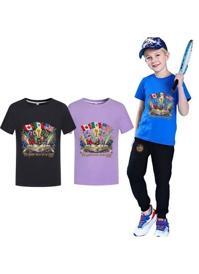 Gold Thread Summer Kids "Show Must Go On 2026" Cotton Short Sleeve T-Shirt and Pants 2-Piece Anti-Odor World Cup Soccer Pjs 100-170cm Pajama Set