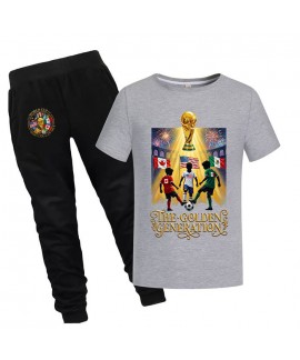 Gold Thread Summer "The Golden Generation 2026" Short Sleeve T-Shirt and Pants Cotton Kids Pajama Set World Cup Soccer Pjs 100-170cm