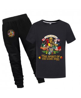 Gold Thread Summer "The Spirit Of The Game 2026" Cotton Short Sleeve T-Shirt and Pants 2-Piece Anti-Odor World Cup Soccer 100-170cm Kids Pajama Set