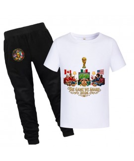 Gold Thread Summer Kids "The Game We Share 2026" Short Sleeve T-Shirt And Pants Cotton World Cup Soccer Pajama Set 100-170cm