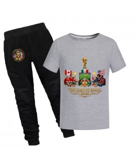 Gold Thread Summer Kids "The Game We Share 2026" Short Sleeve T-Shirt And Pants Cotton World Cup Soccer Pajama Set 100-170cm