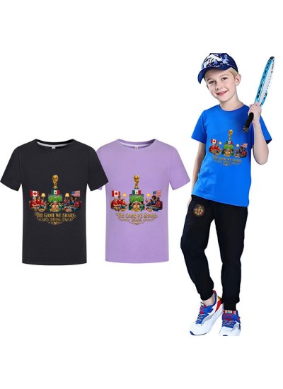 Gold Thread Summer Kids "The Game We Share 2026" Short Sleeve T-Shirt And Pants Cotton World Cup Soccer Pajama Set 100-170cm