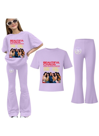 KATSEYE Kids Summer Short-Sleeve T-Shirt & Flared Long Pants Fashion Casual Two-Piece Set