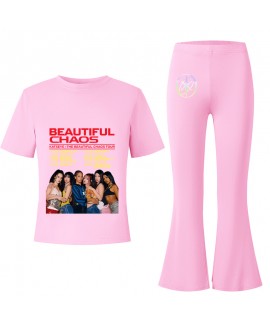 KATSEYE Kids Summer Short-Sleeve T-Shirt & Flared Long Pants Fashion Casual Two-Piece Set