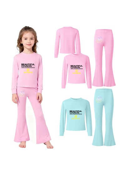 Katseye Short Sleeve T-Shirt & Flared Long Pants Cartoon Casual Outfit For Summer