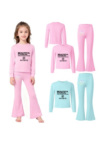 Katseye Summer Short Sleeve T-Shirt & Flared Long Pants Cartoon Casual Outfit