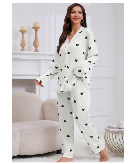 Tiny Heart Jacquard Milk Silk Elegant V-Neck Long Sleeve & Pants 2-Piece Pajama Set
