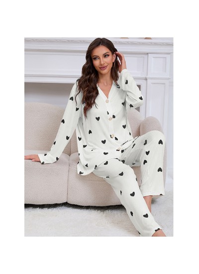 Tiny Heart Jacquard Milk Silk Elegant V-Neck Long Sleeve & Pants 2-Piece Pajama Set