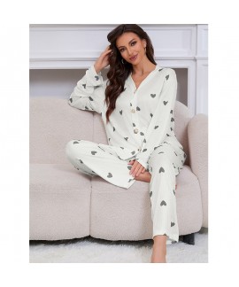 Tiny Heart Jacquard Milk Silk Elegant V-Neck Long Sleeve & Pants 2-Piece Pajama Set