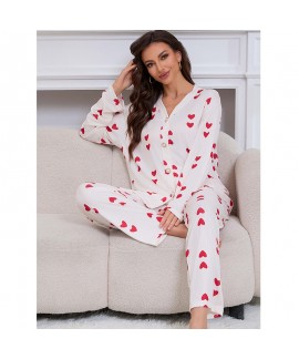 Tiny Heart Jacquard Milk Silk Elegant V-Neck Long Sleeve & Pants 2-Piece Pajama Set