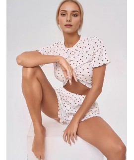 Sexy Heart Leopard Print Short Sleeve Crew Neck Top And Shorts Stretch Milk Silk Pajama Set For Women
