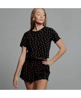 Sexy Heart Leopard Print Short Sleeve Crew Neck Top And Shorts Stretch Milk Silk Pajama Set For Women