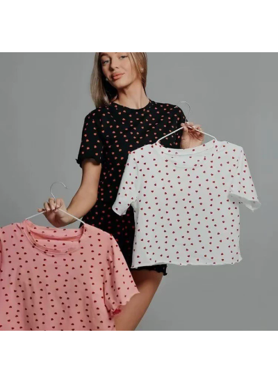 Sexy Heart Leopard Print Short Sleeve Crew Neck Top And Shorts Stretch Milk Silk Pajama Set For Women