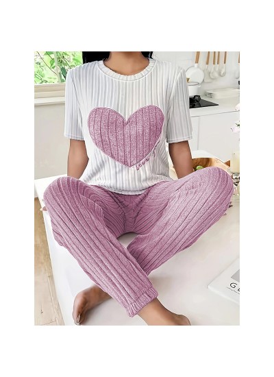 Sweet Heart Print 2-Piece Short Sleeve & Long Pants Loungewear Pajama Set For Women
