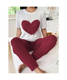 Sweet Heart Print 2-Piece Short Sleeve & Long Pants Loungewear Pajama Set For Women