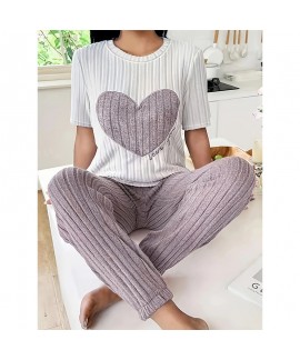 Sweet Heart Print 2-Piece Short Sleeve & Long Pants Loungewear Pajama Set For Women