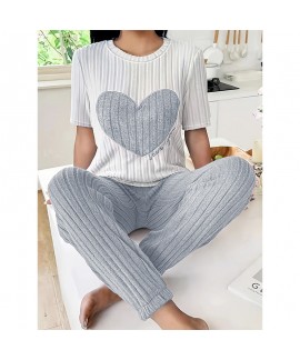 Sweet Heart Print 2-Piece Short Sleeve & Long Pants Loungewear Pajama Set For Women