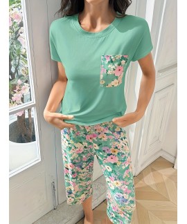 Women's Loose Casual Knit Cotton Short Sleeve Crewneck Loungewear Two-Piece Breathable Summer Pajama Set