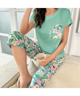 Women's Loose Casual Knit Cotton Short Sleeve Crewneck Loungewear Two-Piece Breathable Summer Pajama Set