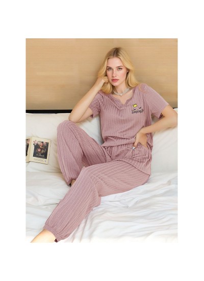 Women's Jacquard Printed Short Sleeve Top And Pants Milk Silk Loungewear Two-Piece Breathable Casual Pajama Set