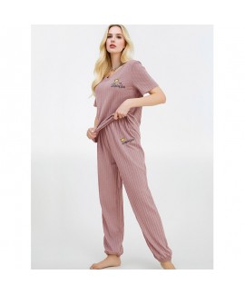 Women's Jacquard Printed Short Sleeve Top And Pants Milk Silk Loungewear Two-Piece Breathable Casual Pajama Set