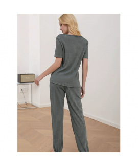 Women's Jacquard Printed Short Sleeve Top And Pants Milk Silk Loungewear Two-Piece Breathable Casual Pajama Set