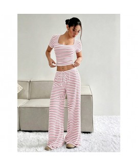Stripe Print Milk Silk  Short Sleeve Top and Long ...
