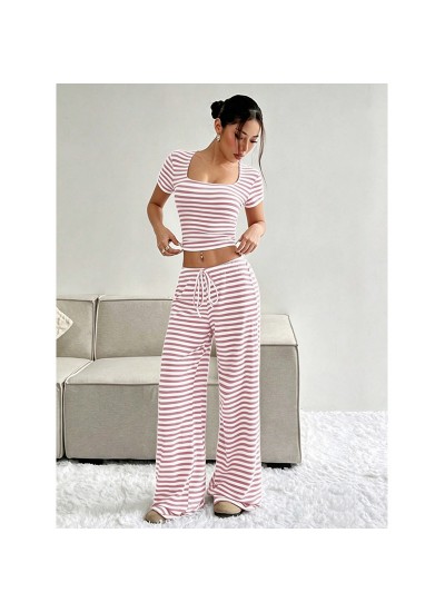 Stripe Print Milk Silk  Short Sleeve Top and Long Pants Lightweight Breathable Pajama Set For Women