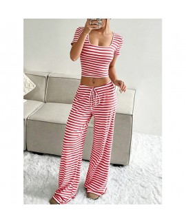 Stripe Print Milk Silk  Short Sleeve Top and Long Pants Lightweight Breathable Pajama Set For Women