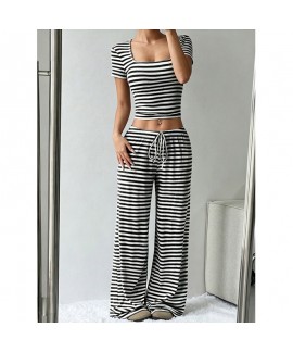 Stripe Print Milk Silk  Short Sleeve Top and Long Pants Lightweight Breathable Pajama Set For Women