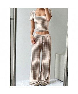 Stripe Print Milk Silk  Short Sleeve Top and Long Pants Lightweight Breathable Pajama Set For Women