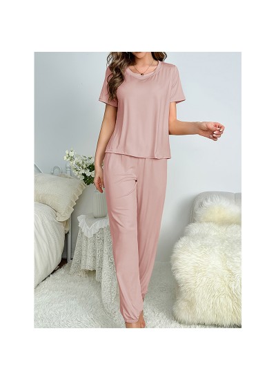 Women’s Milk Silk Short Sleeve Solid Color Casual Long Pants Sleepwear Pajama Set