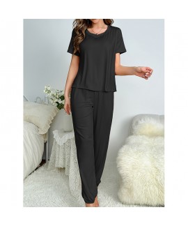 Women’s Milk Silk Short Sleeve Solid Color Casual Long Pants Sleepwear Pajama Set