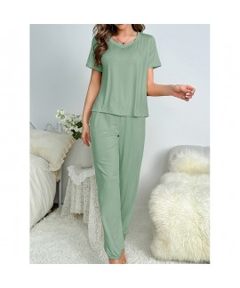 Women’s Milk Silk Short Sleeve Solid Color Casual Long Pants Sleepwear Pajama Set