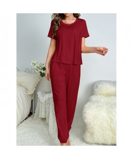 Women’s Milk Silk Short Sleeve Solid Color Casual Long Pants Sleepwear Pajama Set