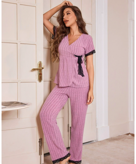 Thick Polyester Long Sleeve V-Neck Top & Pants Loungewear Women’s  Pajama Set