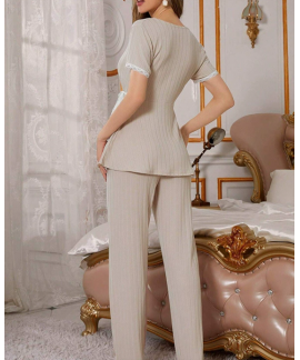 Thick Polyester Long Sleeve V-Neck Top & Pants Loungewear Women’s  Pajama Set