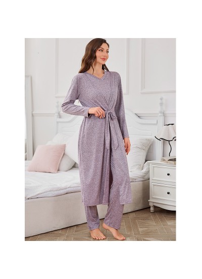 Elegant Solid Color 3-Piece Long Sleeve Cardigan Robe Top And Pants Premium Milk Silk  Pajama Set For Women