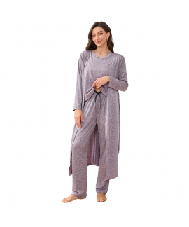 Elegant Solid Color 3-Piece Long Sleeve Cardigan Robe Top And Pants Premium Milk Silk  Pajama Set For Women