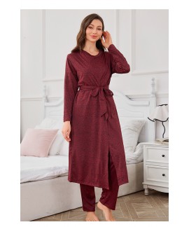 Elegant Solid Color 3-Piece Long Sleeve Cardigan Robe Top And Pants Premium Milk Silk  Pajama Set For Women