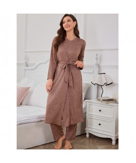 Elegant Solid Color 3-Piece Long Sleeve Cardigan Robe Top And Pants Premium Milk Silk  Pajama Set For Women